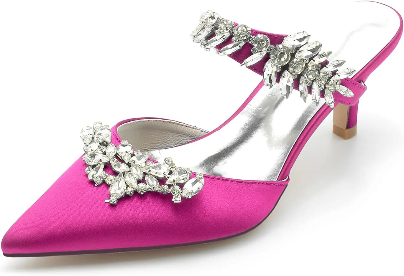 Women Pointed Toe Rhinestone Slide Mule Pumps Sexy Evening Satin Crystal Kitten Low Heel Dress Shoes