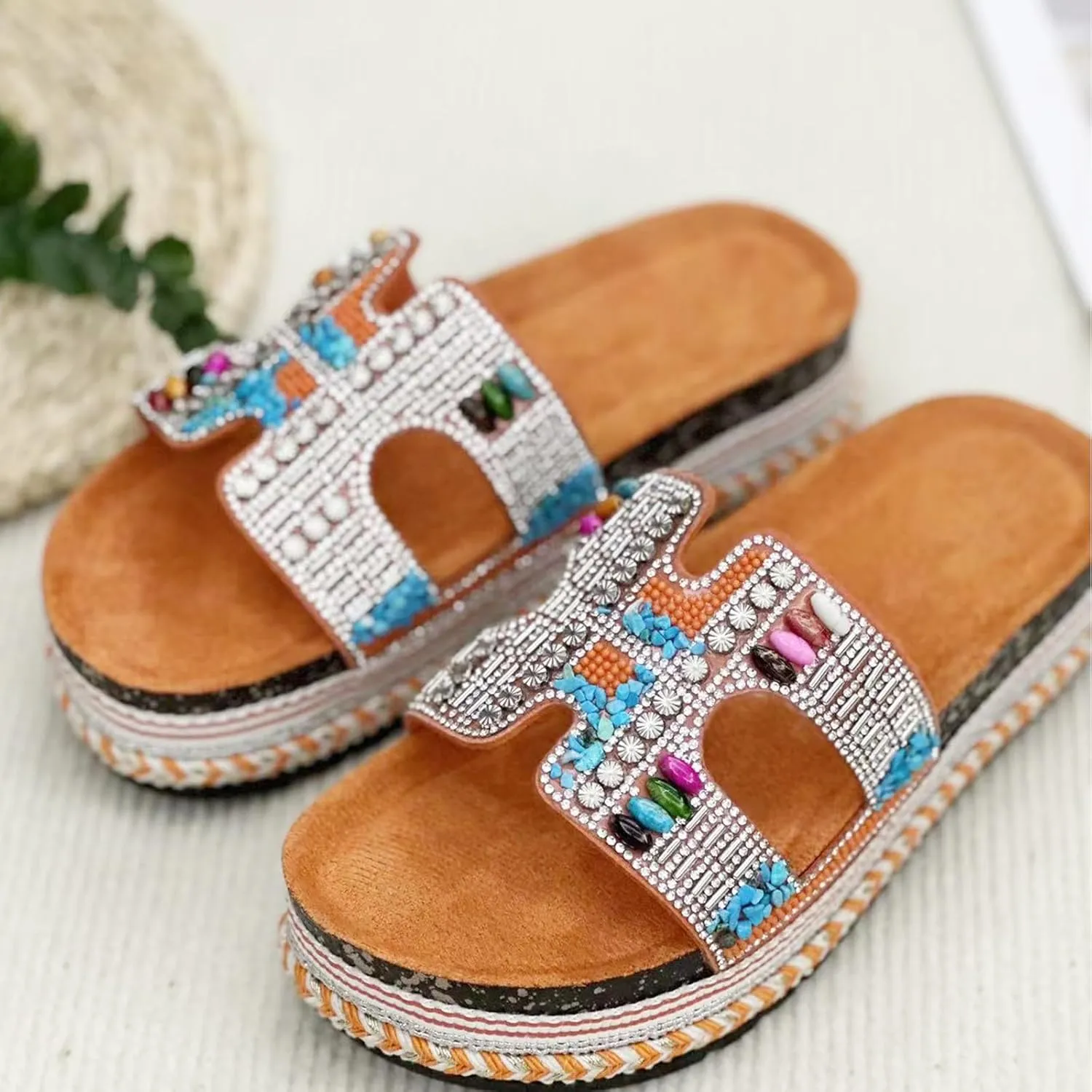Women Sandals Rhinestone Glitter Slides Summer Platform Sandals Comfy Slides House Slippers H Slide Sandal