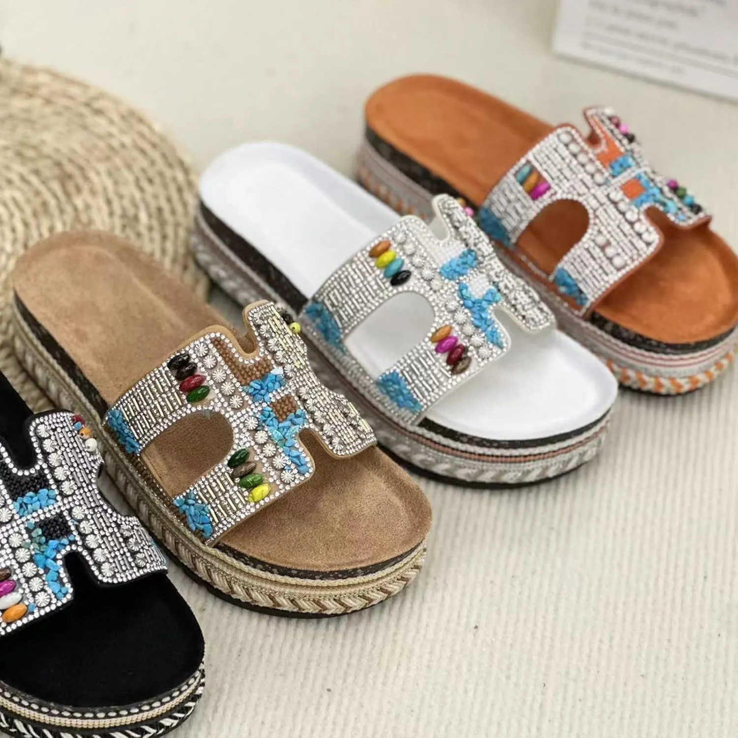 Women Sandals Rhinestone Glitter Slides Summer Platform Sandals Comfy Slides House Slippers H Slide Sandal
