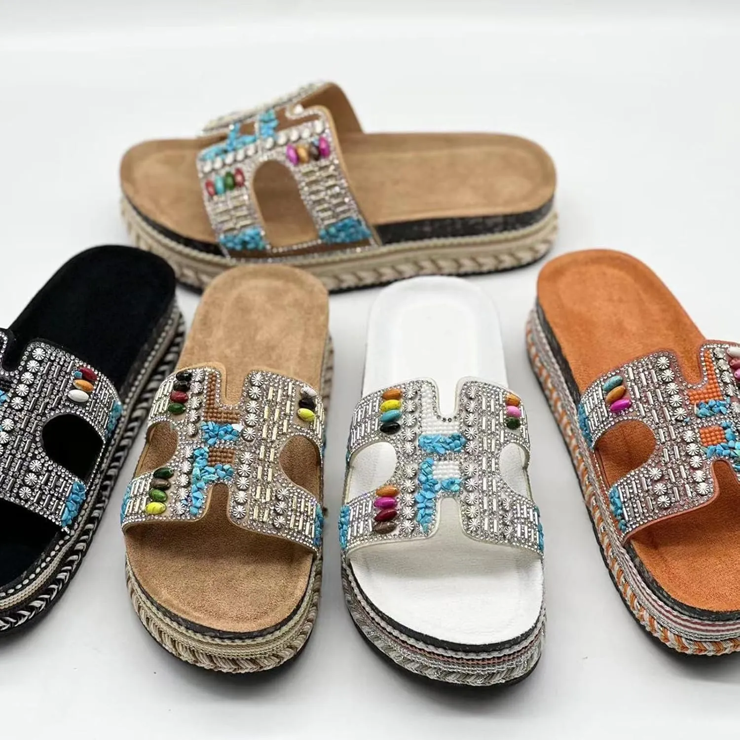 Women Sandals Rhinestone Glitter Slides Summer Platform Sandals Comfy Slides House Slippers H Slide Sandal