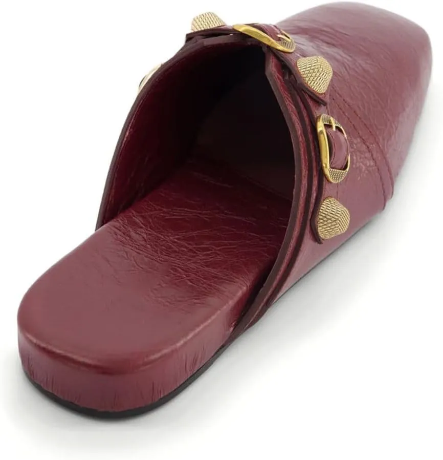 Women Studded Mules Black Leather Rivets Flat Slides Slip On Square Toe Flats Comfortable Casual Dress Shoes for Wedding Party Women's Mules & Clogs