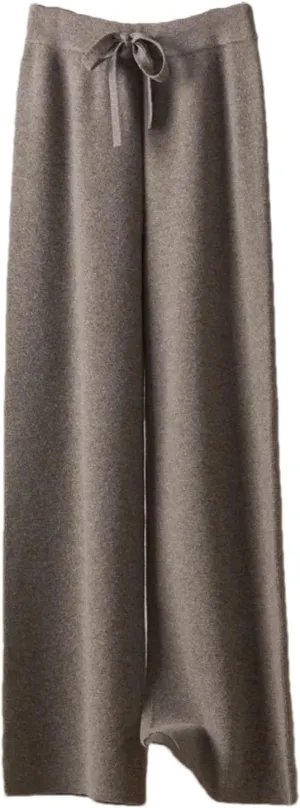 Women Wool Wide-Leg Elastic Waist Long Pants Vintage Knitted Lace Up Soft Trousers