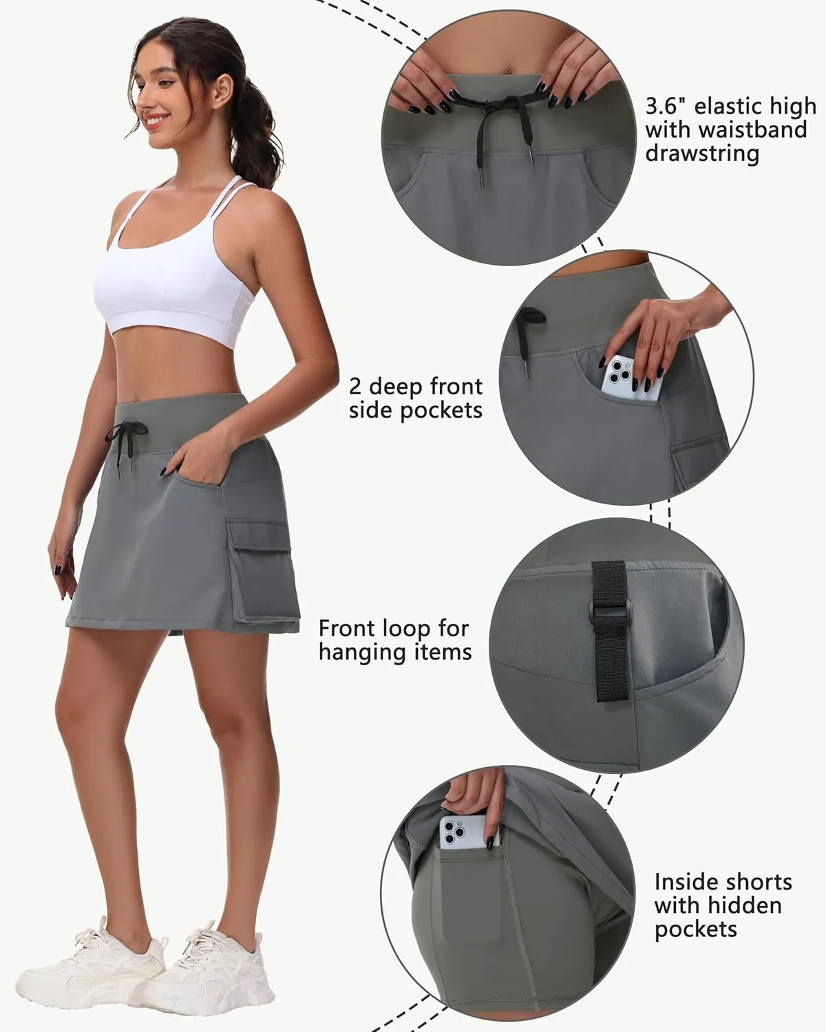 Women's 16" 20" Hiking Cargo Skort Skirt - High Waisted Golf Dressy Casual Workout Sport Skirt with Liner Quick Dry