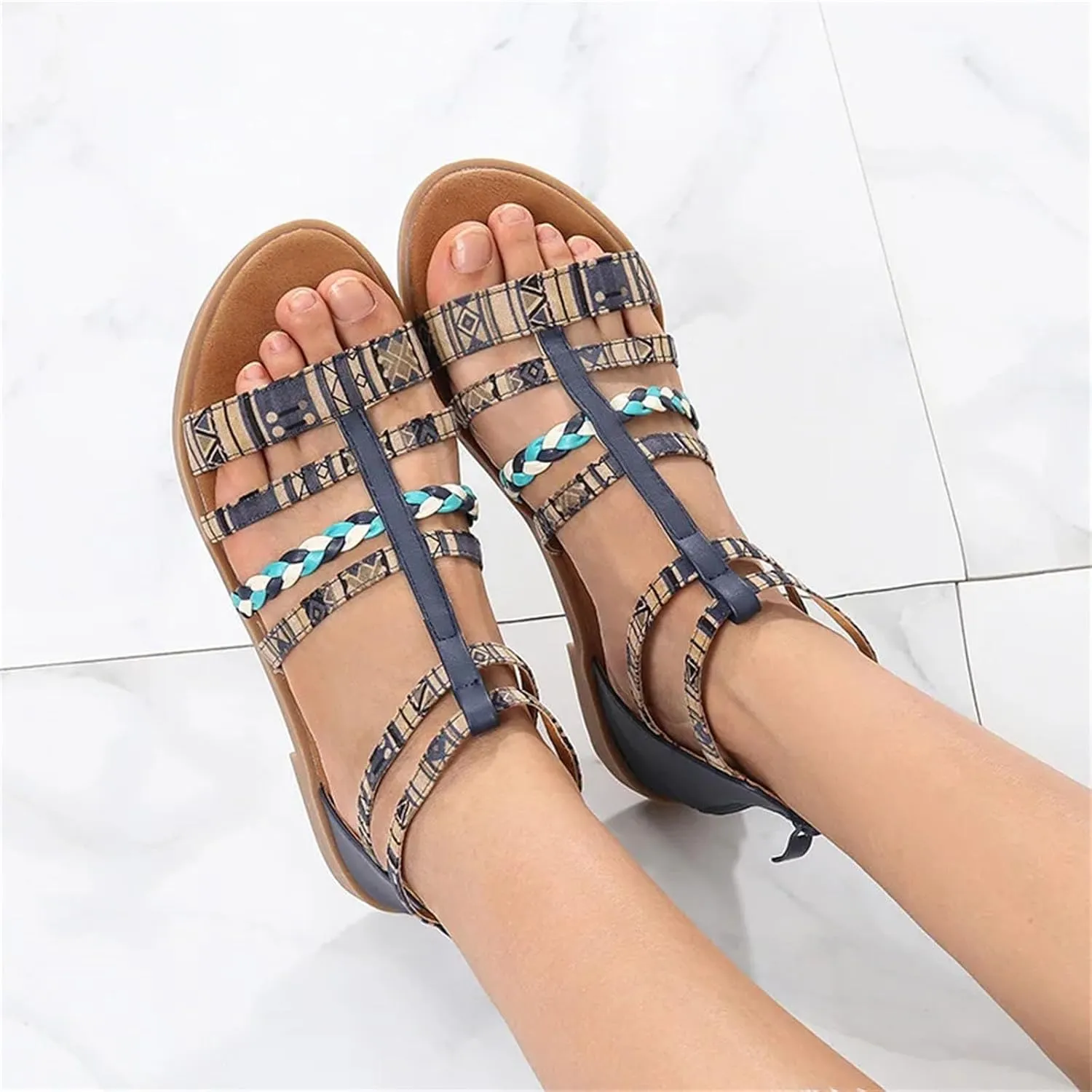 Womens Bohemian Flat Sandals Open Toe Summer Beach Shoes with Tassel Accents Casual Comfortable Zipper Design
