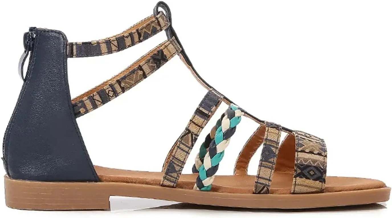 Womens Bohemian Flat Sandals Open Toe Summer Beach Shoes with Tassel Accents Casual Comfortable Zipper Design