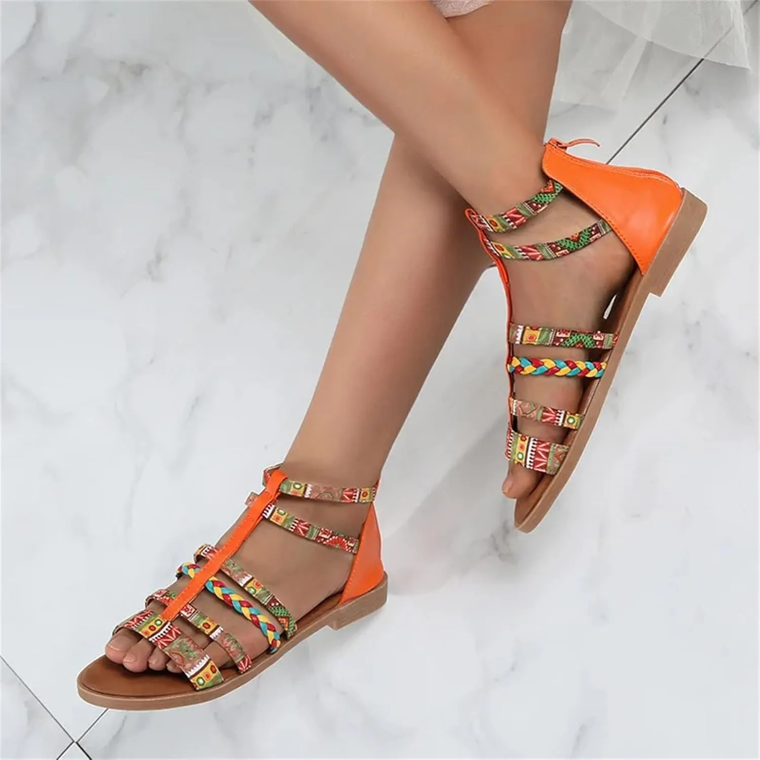 Womens Bohemian Flat Sandals Open Toe Summer Beach Shoes with Tassel Accents Casual Comfortable Zipper Design