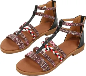 Womens Bohemian Flat Sandals Open Toe Summer Beach Shoes with Tassel Accents Casual Comfortable Zipper Design
