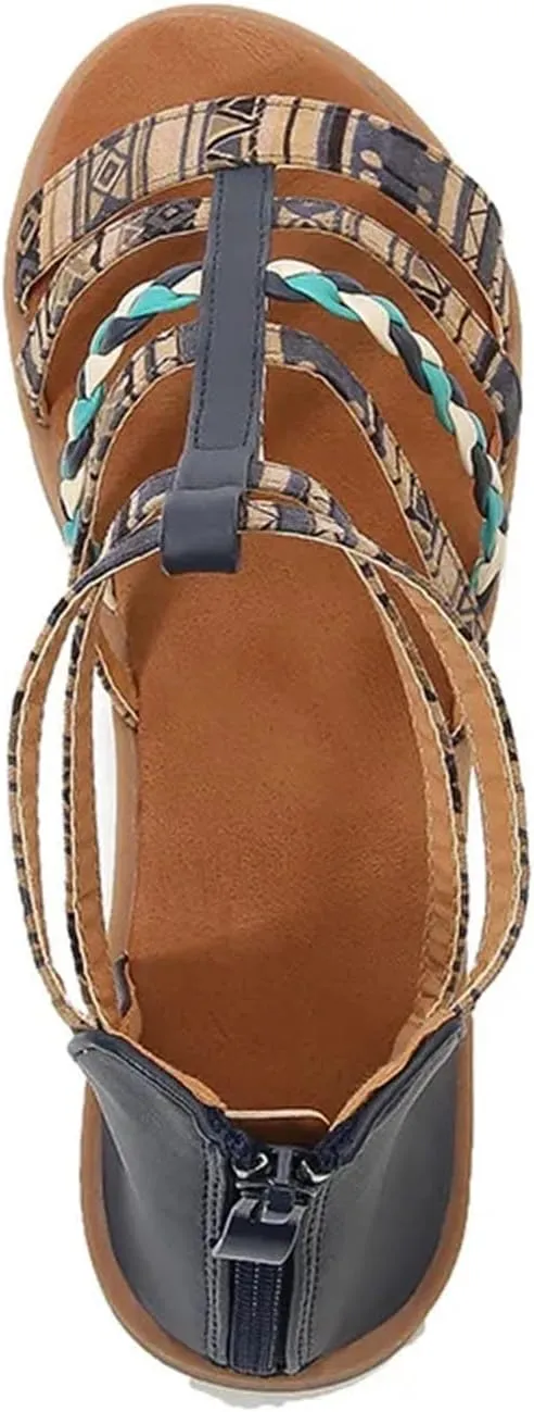 Womens Bohemian Flat Sandals Open Toe Summer Beach Shoes with Tassel Accents Casual Comfortable Zipper Design