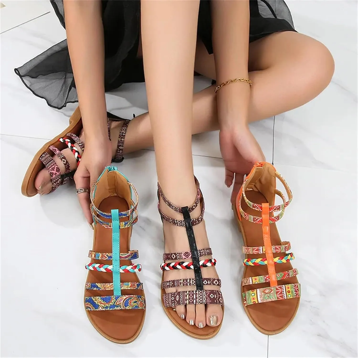 Womens Bohemian Flat Sandals Open Toe Summer Beach Shoes with Tassel Accents Casual Comfortable Zipper Design