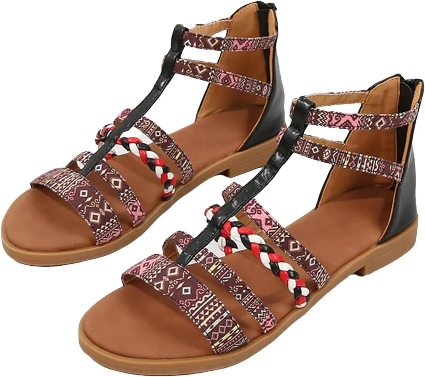 Womens Bohemian Flat Sandals Open Toe Summer Beach Shoes with Tassel Accents Casual Comfortable Zipper Design