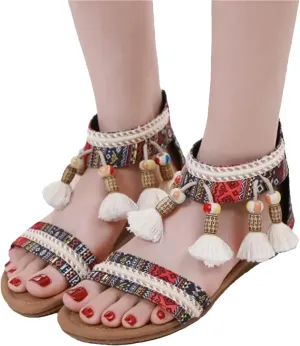 Women’s Bohemian Sandals with Fringe Tassel Beaded Details Casual Flat Shoes for Women Comfortable Summer Wedge Heels