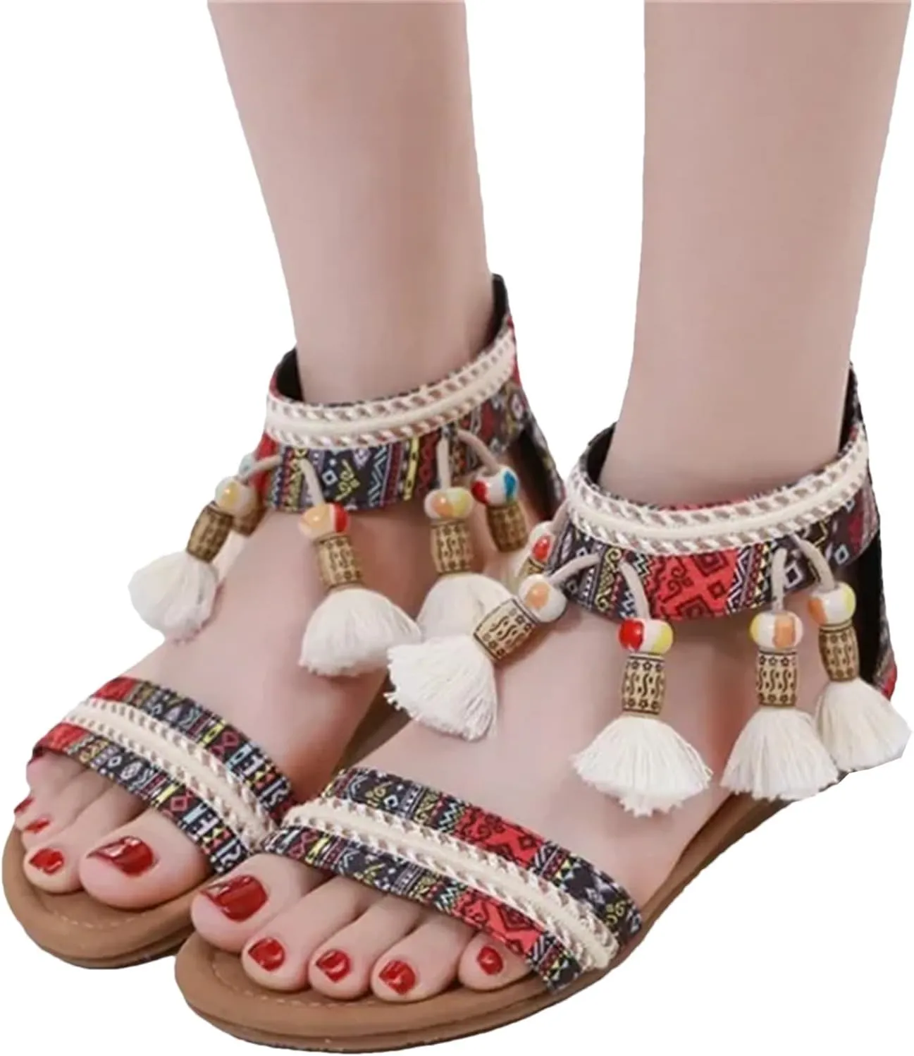 Women’s Bohemian Sandals with Fringe Tassel Beaded Details Casual Flat Shoes for Women Comfortable Summer Wedge Heels