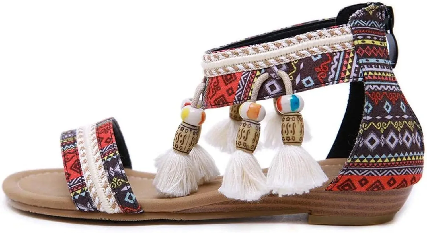 Women’s Bohemian Sandals with Fringe Tassel Beaded Details Casual Flat Shoes for Women Comfortable Summer Wedge Heels