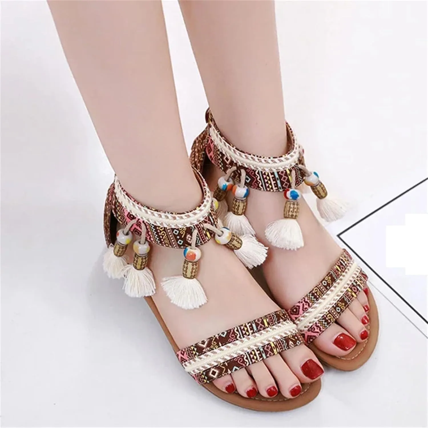 Women’s Bohemian Sandals with Fringe Tassel Beaded Details Casual Flat Shoes for Women Comfortable Summer Wedge Heels