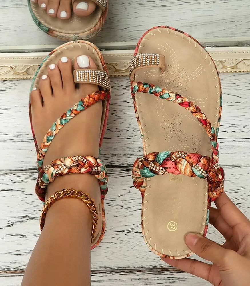 Women's Braided Flat Sandals Trendy Sparkling Bohemian Beaded Dressy Summer Flat Open Toe Boho Beach Vacation Sandals
