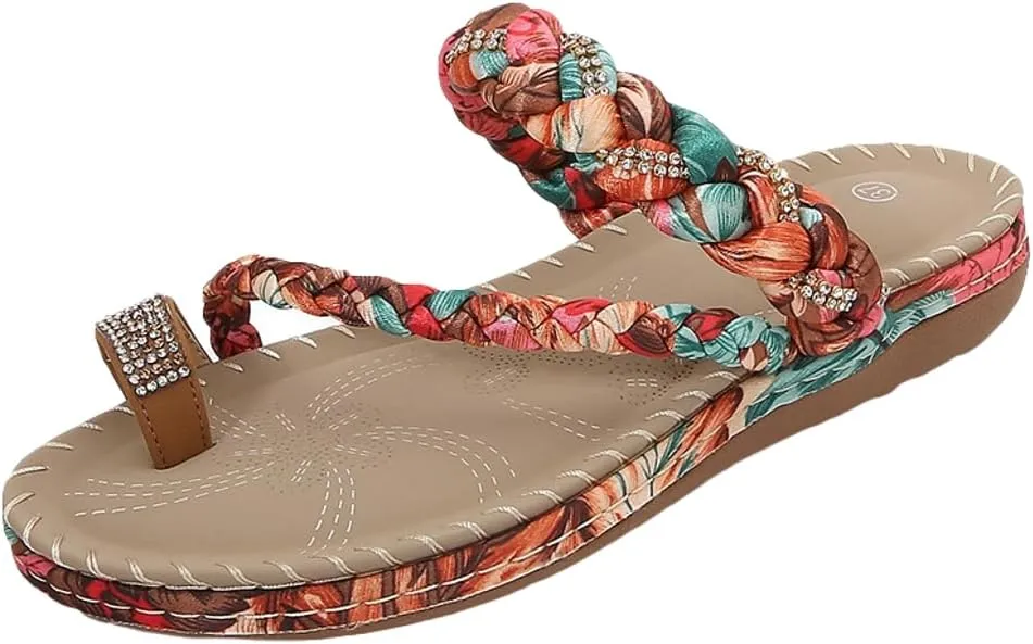 Women's Braided Flat Sandals Trendy Sparkling Bohemian Beaded Dressy Summer Flat Open Toe Boho Beach Vacation Sandals
