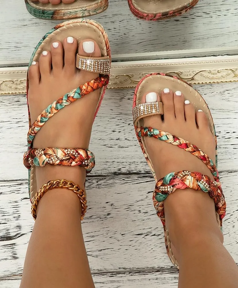 Women's Braided Flat Sandals Trendy Sparkling Bohemian Beaded Dressy Summer Flat Open Toe Boho Beach Vacation Sandals