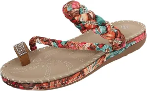 Women's Braided Flat Sandals Trendy Sparkling Bohemian Beaded Dressy Summer Flat Open Toe Boho Beach Vacation Sandals