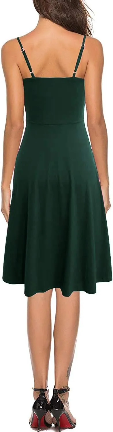 Women's Casual Summer Beach Flattering Flowy A-Line Spaghetti Straps Solid Cotton Button Down Midi Sundress