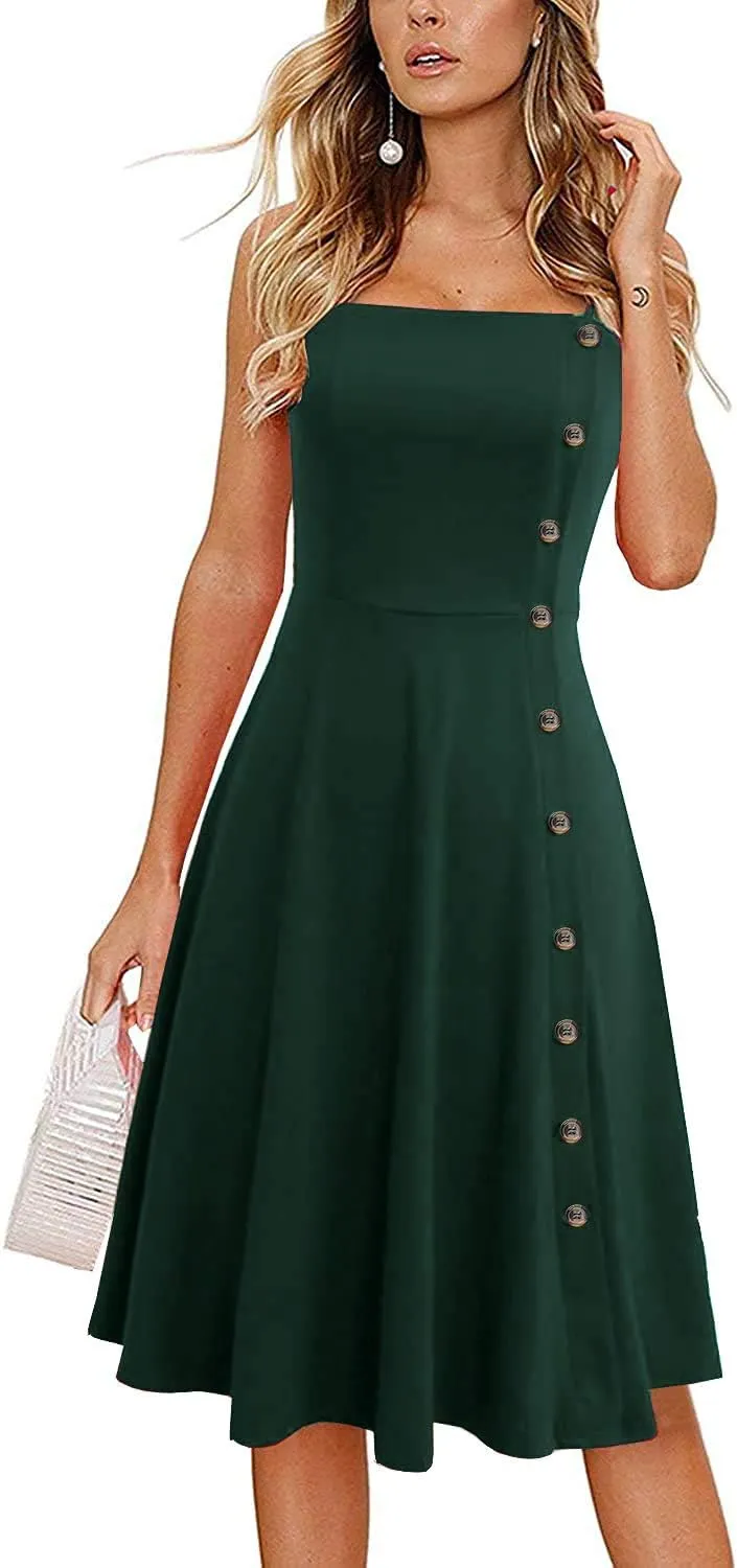 Women's Casual Summer Beach Flattering Flowy A-Line Spaghetti Straps Solid Cotton Button Down Midi Sundress