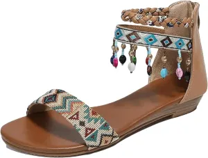 Womens Fashion Sandals 2025 Summer Bohemian Style Rear Zipper Beaded Tassel Casual Comfortable Flat Shoes