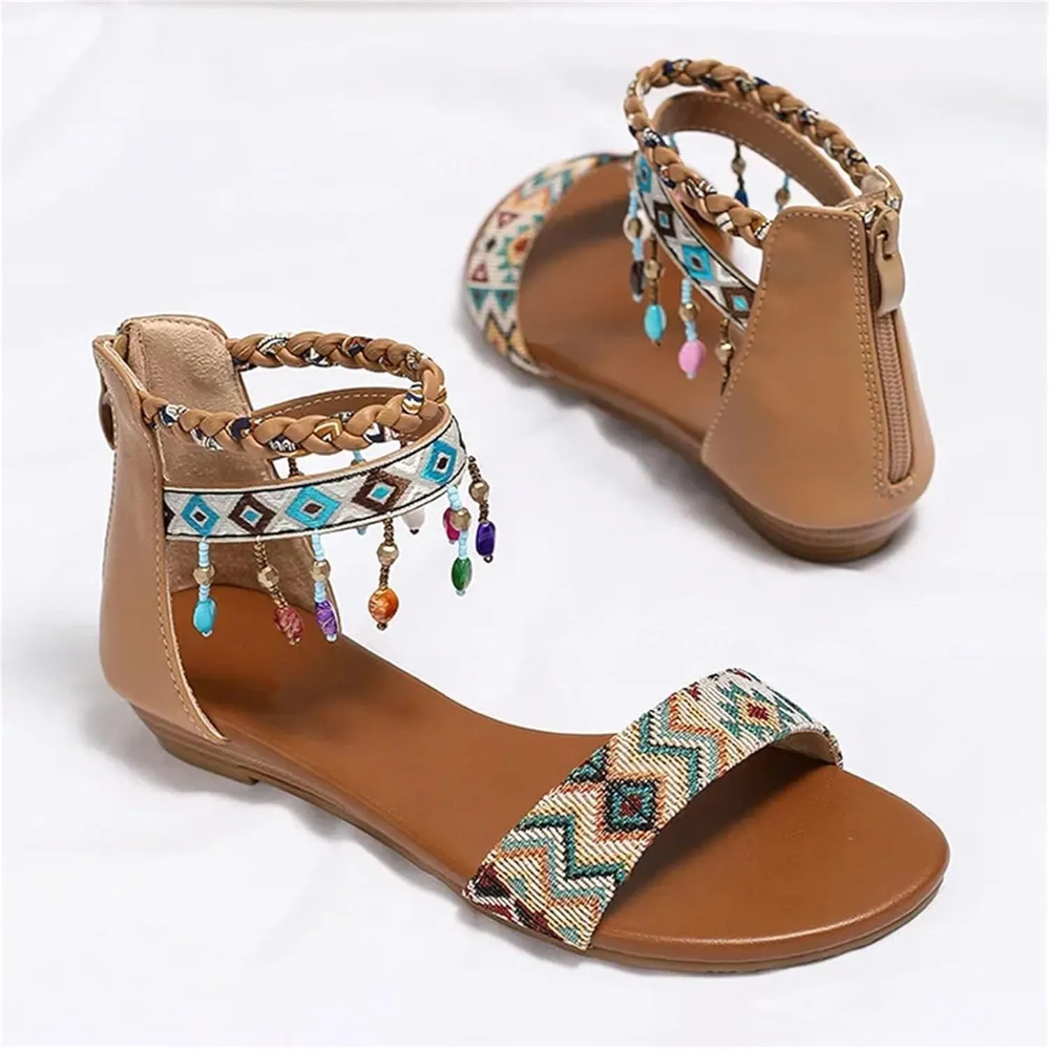 Womens Fashion Sandals 2025 Summer Bohemian Style Rear Zipper Beaded Tassel Casual Comfortable Flat Shoes