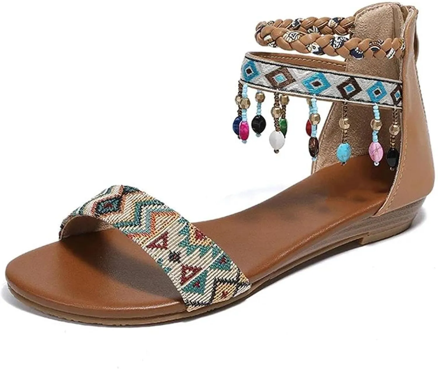 Womens Fashion Sandals 2025 Summer Bohemian Style Rear Zipper Beaded Tassel Casual Comfortable Flat Shoes