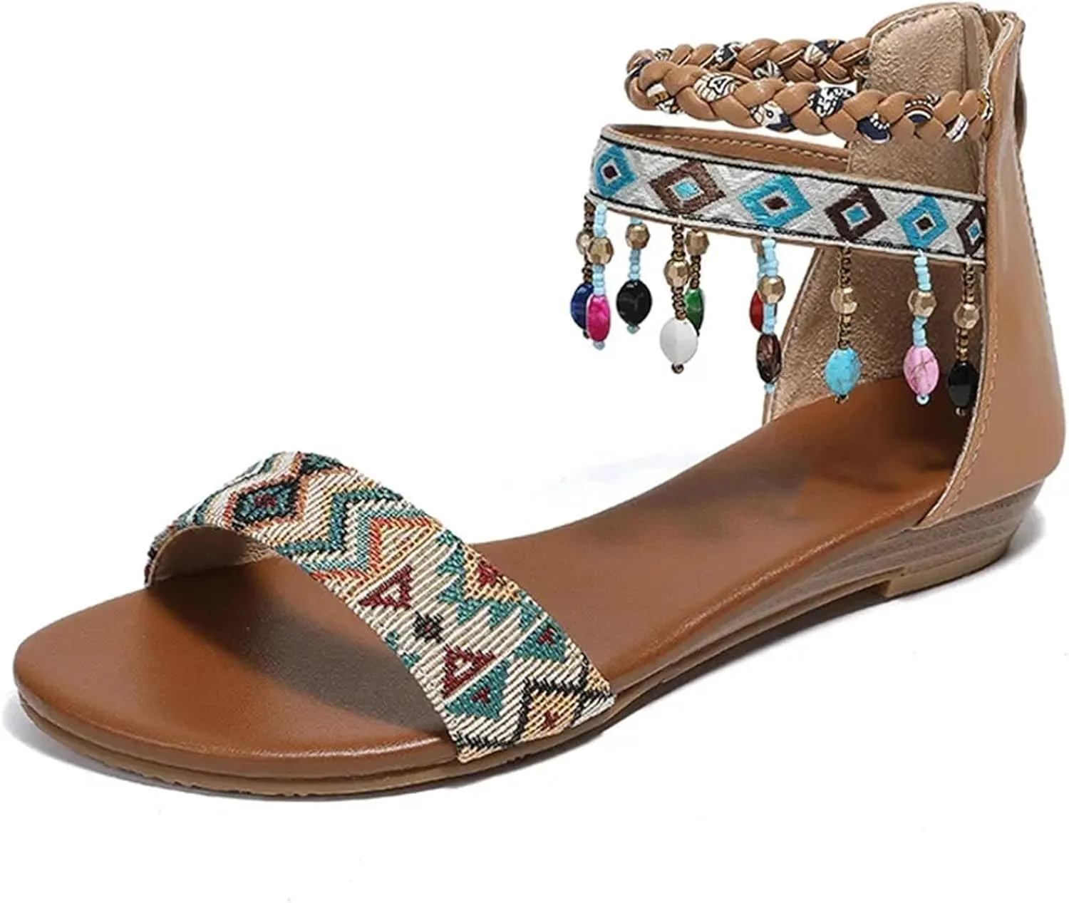 Womens Fashion Sandals 2025 Summer Bohemian Style Rear Zipper Beaded Tassel Casual Comfortable Flat Shoes