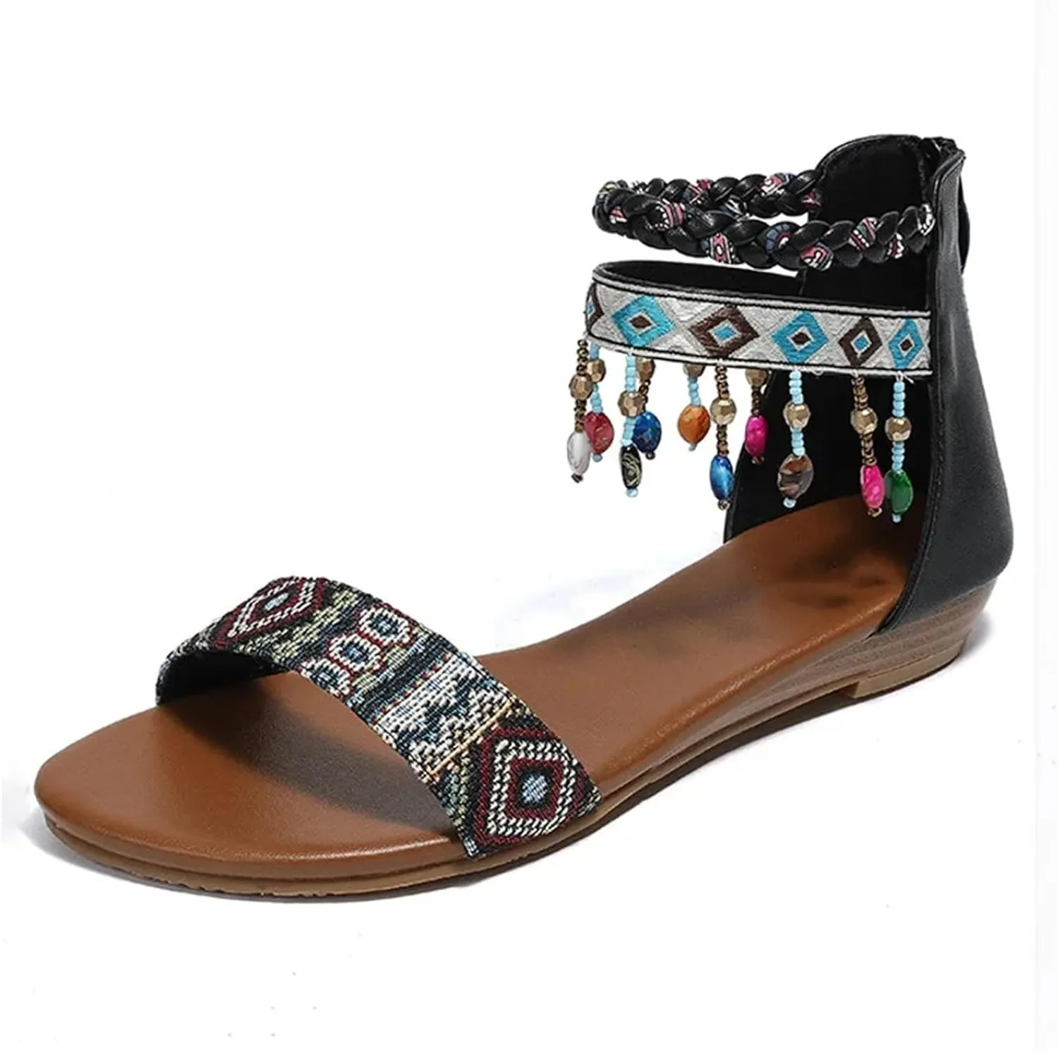Womens Fashion Sandals 2025 Summer Bohemian Style Rear Zipper Beaded Tassel Casual Comfortable Flat Shoes