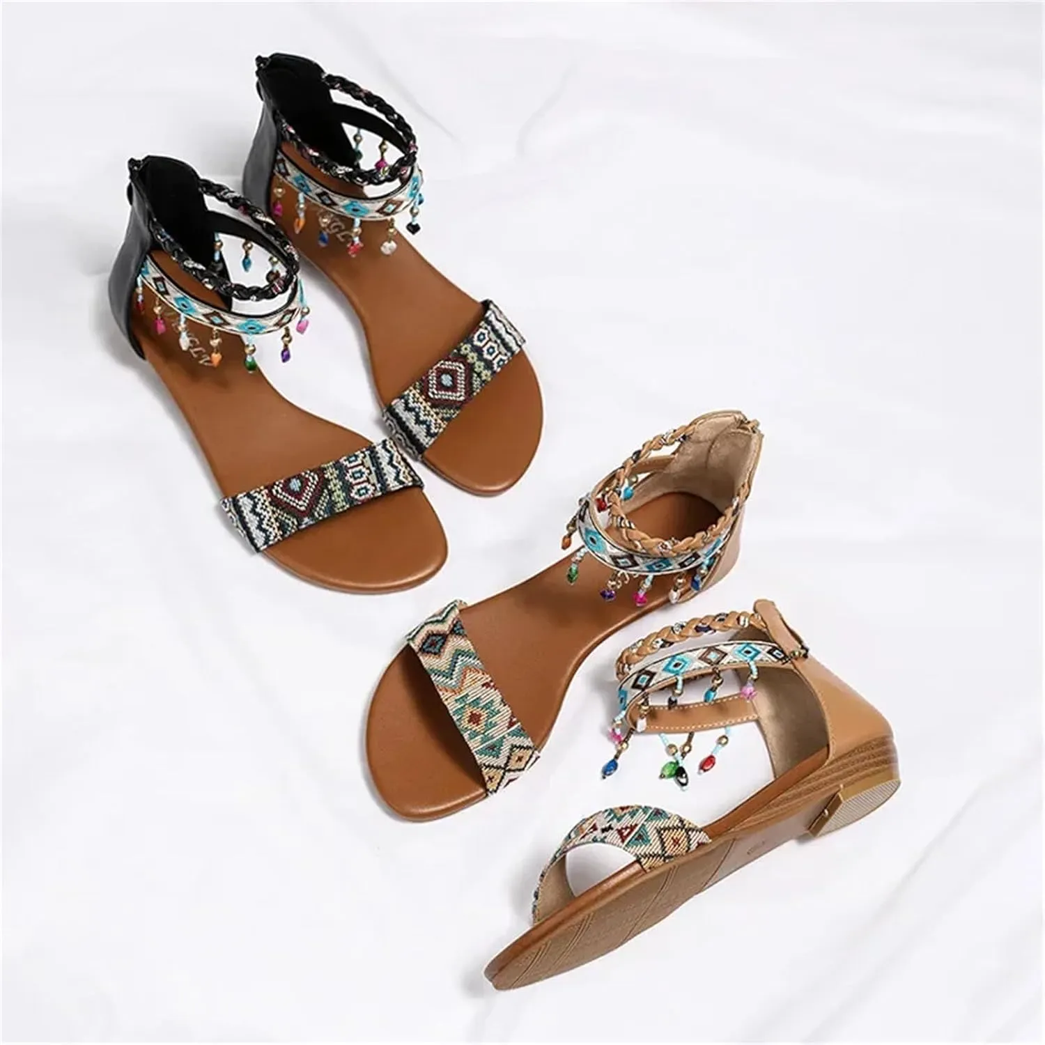 Womens Fashion Sandals 2025 Summer Bohemian Style Rear Zipper Beaded Tassel Casual Comfortable Flat Shoes