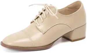 Women's Genuine Leather Handmade Classic Square Toe Lace Up Low Stacked Heel Retro Oxford Pumps Shoes