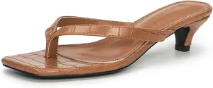 Women'S Leather Kitten Heel Flip Flops With Memory Foam Slip On Square Open Toe Cute Low Heels Dress Thong Sandals Summer Outdoor Comfortable Strappy Beach Slide Sandals