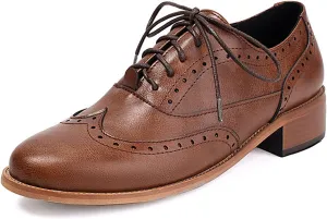 Women's Leather Wingtip Low Chunky Heel Oxfords Vintage Lace-Up Comfort Brogue Saddle Shoes Casual Breathable Business Dress Work Shoes
