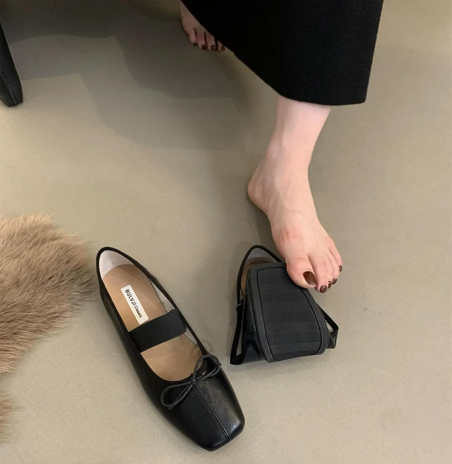 Women's Mary Jane Ballet Flat Shoes Comfort Square Toe Soft Sole Antiskid Elastic Ankle Strap Casual Dress Shoes Vintage Bow Tie Mary Janes