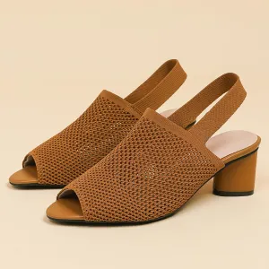 Women's Mesh Hollow Out Fish MouthChunky Heel Slingback Sandals Elastic Strap Casual Round Open Toe Comfort Mid Block Heel Work Walking Sandals Summer Outdoor Fashion Beach Sandals