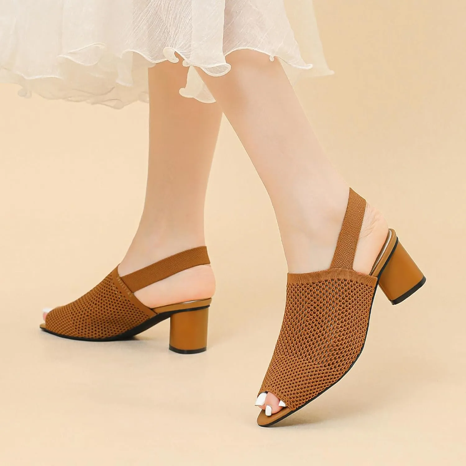 Women's Mesh Hollow Out Fish MouthChunky Heel Slingback Sandals Elastic Strap Casual Round Open Toe Comfort Mid Block Heel Work Walking Sandals Summer Outdoor Fashion Beach Sandals