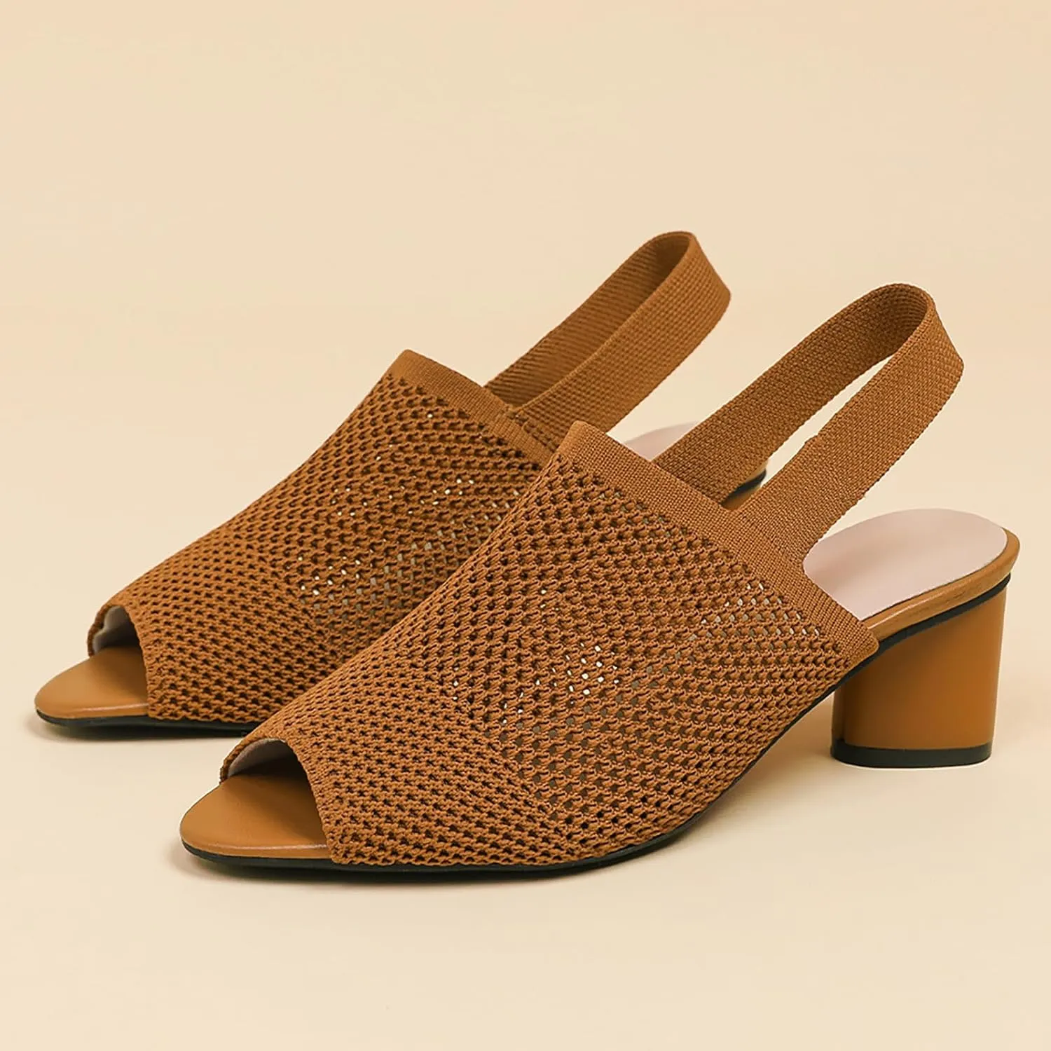 Women's Mesh Hollow Out Fish MouthChunky Heel Slingback Sandals Elastic Strap Casual Round Open Toe Comfort Mid Block Heel Work Walking Sandals Summer Outdoor Fashion Beach Sandals