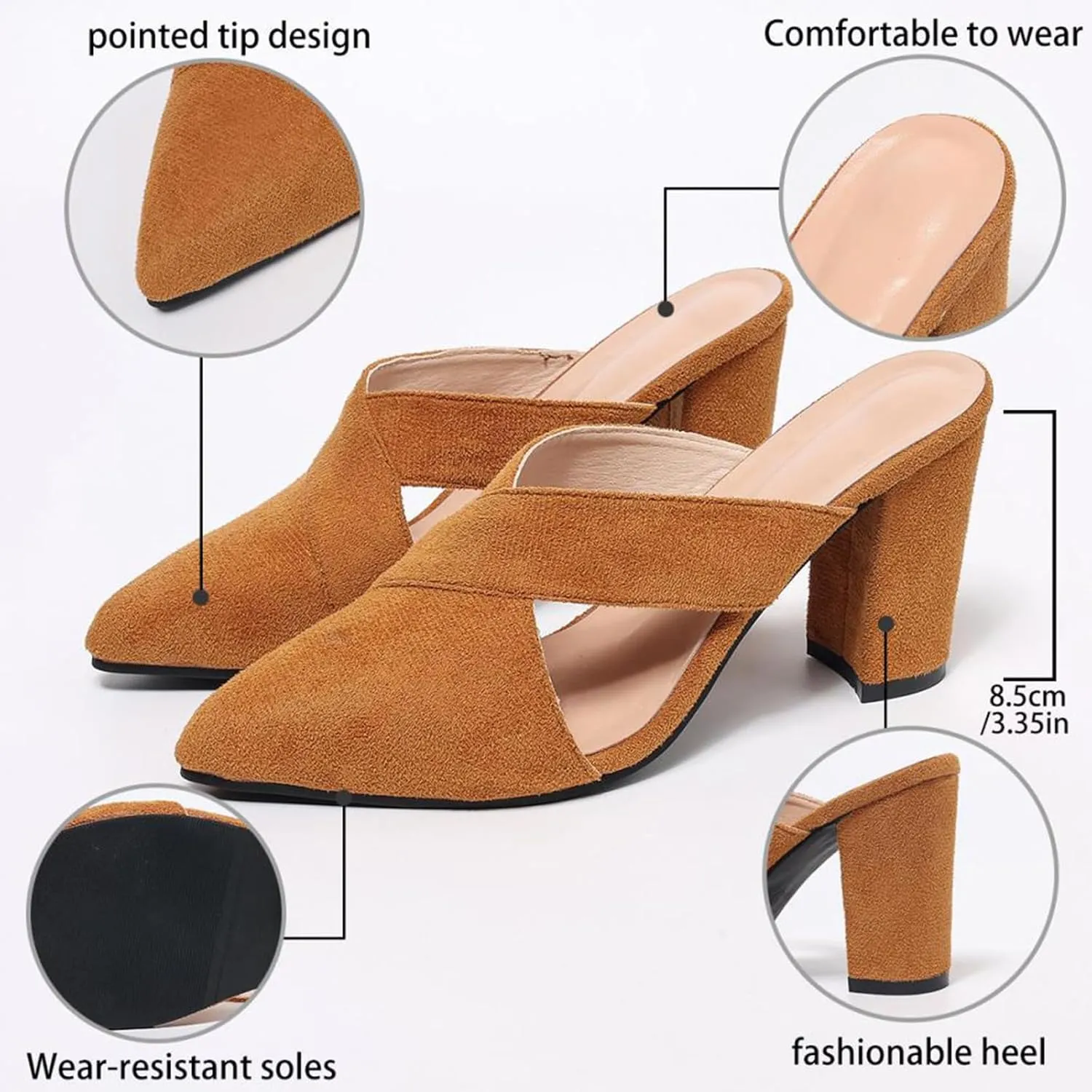 Women's Orange Cutout Backless High Heel Mules Suede Slip on Closed Pointed Toe Block Heeled Sandals