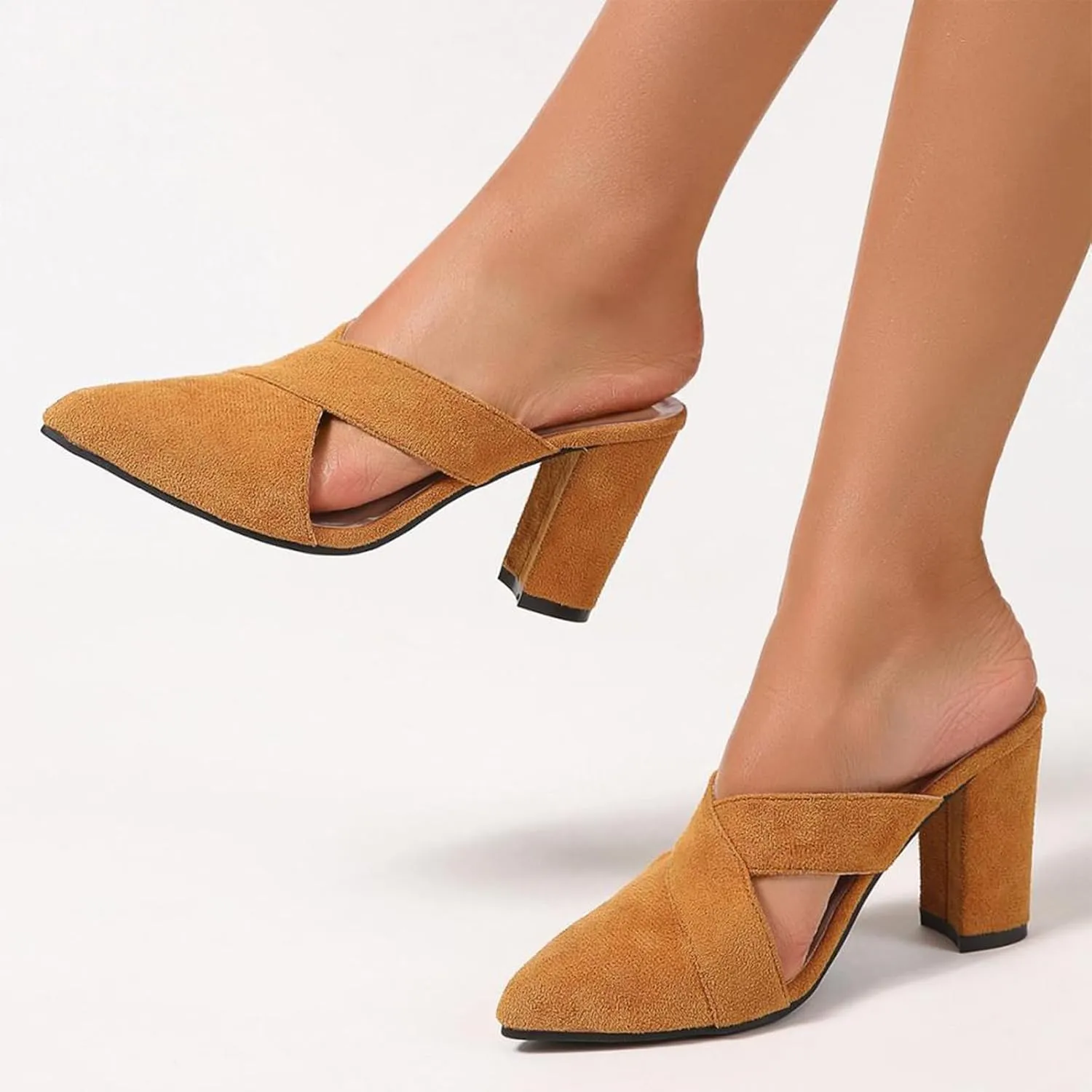 Women's Orange Cutout Backless High Heel Mules Suede Slip on Closed Pointed Toe Block Heeled Sandals