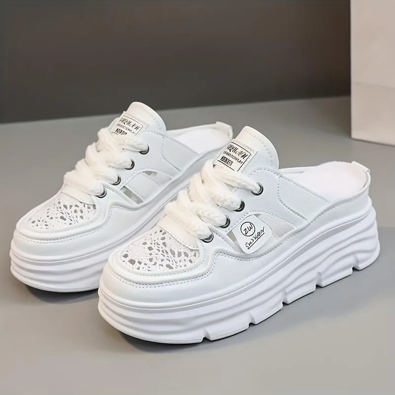 Women's Platform Mule Sneakers - Breathable & Comfortable Lace-Up Cutout Design Casual Summer Shoes for All-Day Wear