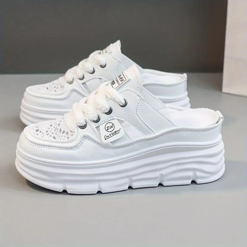 Women's Platform Mule Sneakers - Breathable & Comfortable Lace-Up Cutout Design Casual Summer Shoes for All-Day Wear