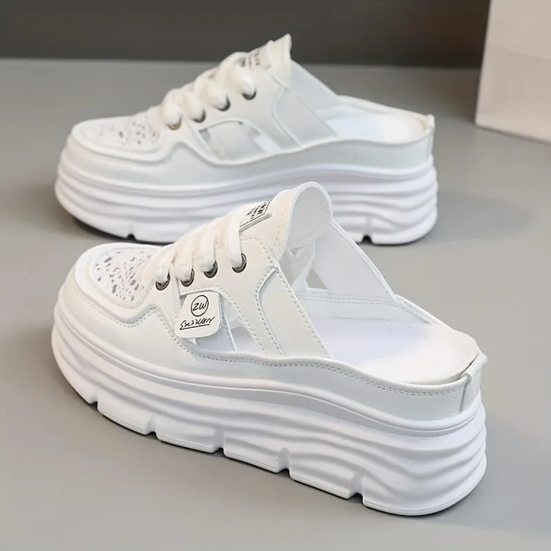Women's Platform Mule Sneakers - Breathable & Comfortable Lace-Up Cutout Design Casual Summer Shoes for All-Day Wear