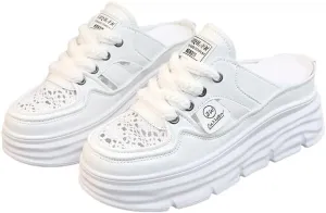 Women's Platform Mule Sneakers - Breathable & Comfortable Lace-Up Cutout Design Casual Summer Shoes for All-Day Wear