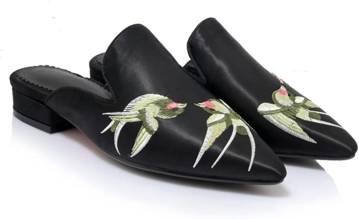 Women's Pointed Toe Satin Dress Mules Backless Embroidery Flat Low Heel Slip On Comfortable Slides