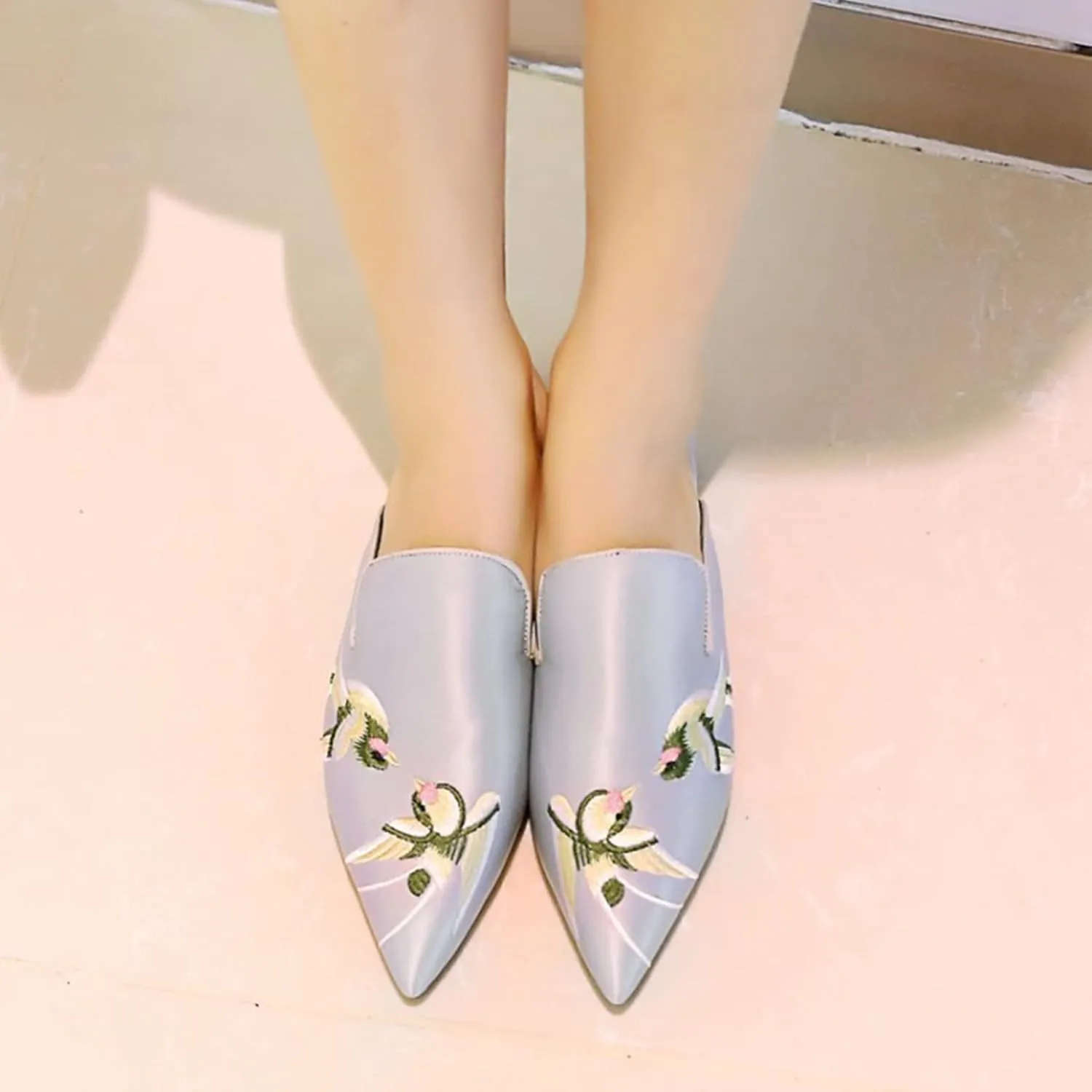 Women's Pointed Toe Satin Dress Mules Backless Embroidery Flat Low Heel Slip On Comfortable Slides