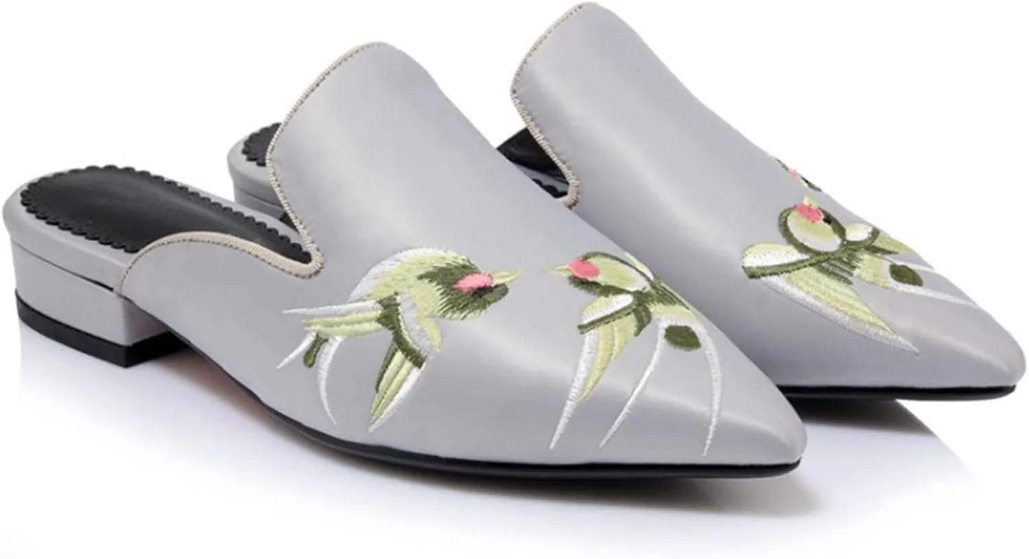 Women's Pointed Toe Satin Dress Mules Backless Embroidery Flat Low Heel Slip On Comfortable Slides
