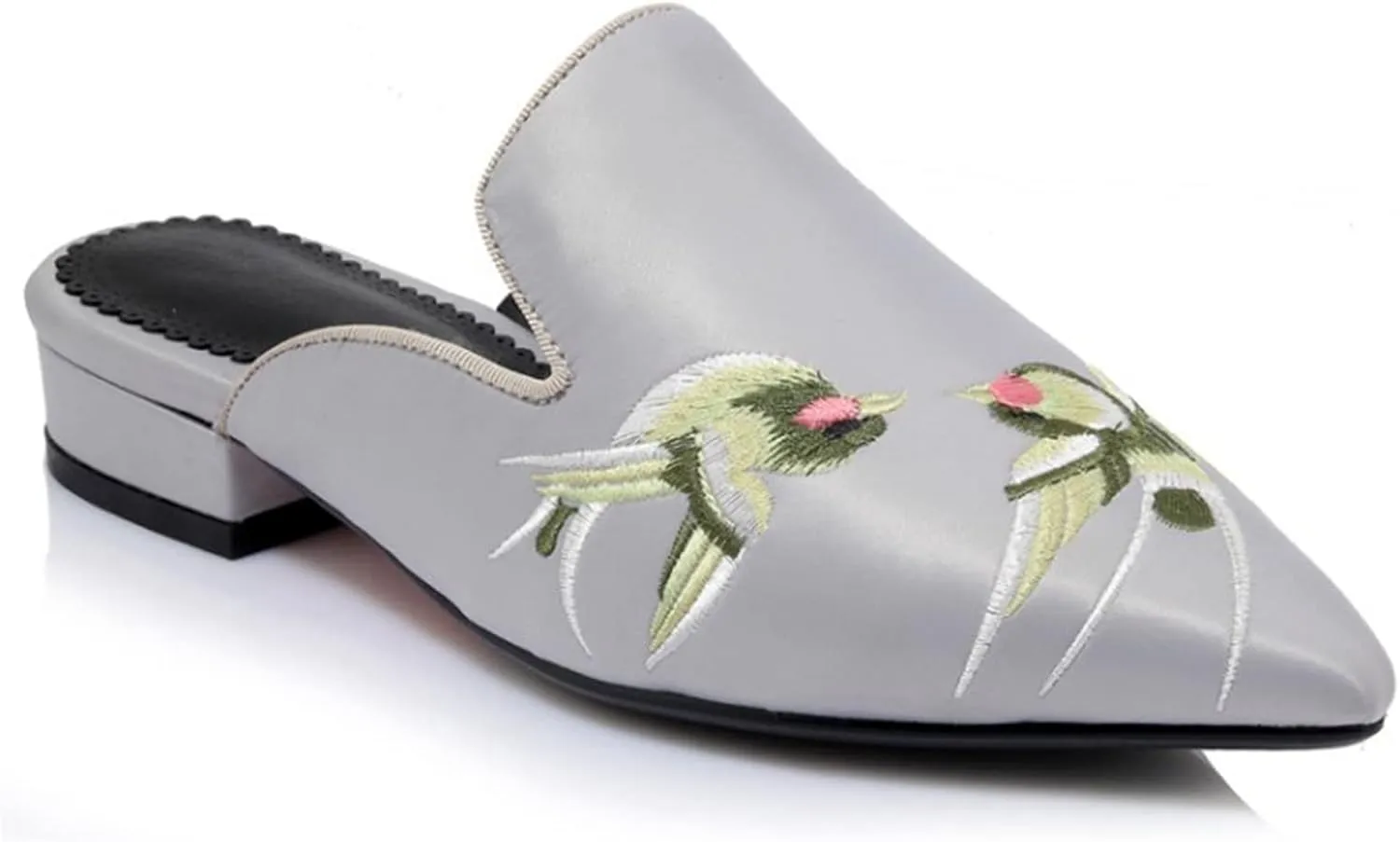 Women's Pointed Toe Satin Dress Mules Backless Embroidery Flat Low Heel Slip On Comfortable Slides