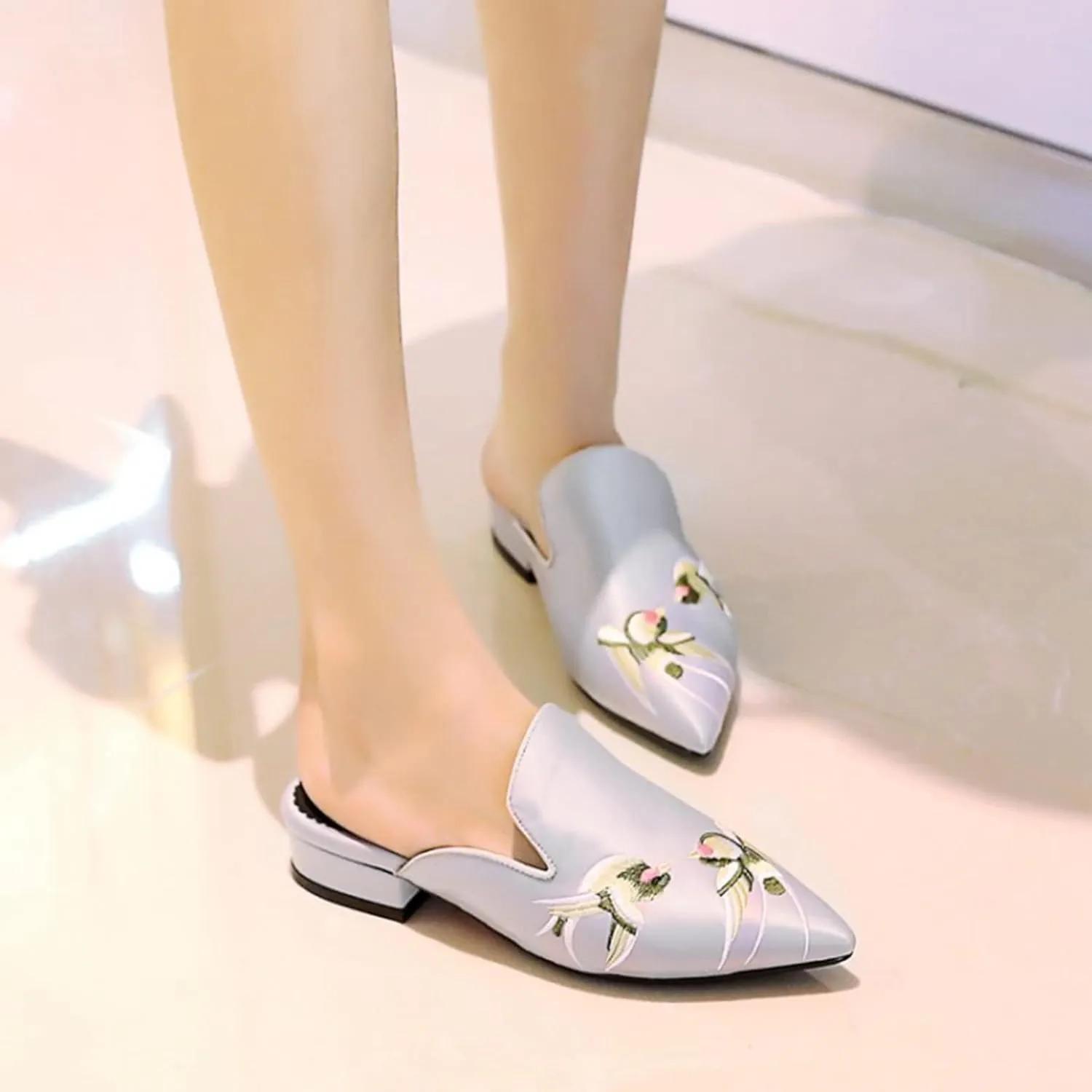 Women's Pointed Toe Satin Dress Mules Backless Embroidery Flat Low Heel Slip On Comfortable Slides