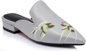 Women's Pointed Toe Satin Dress Mules Backless Embroidery Flat Low Heel Slip On Comfortable Slides