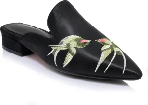 Women's Pointed Toe Satin Dress Mules Backless Embroidery Flat Low Heel Slip On Comfortable Slides